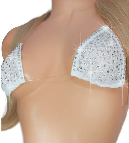 White mesh invisible strap string bikini covered in diamond rhinestones on a curvy mannequin.