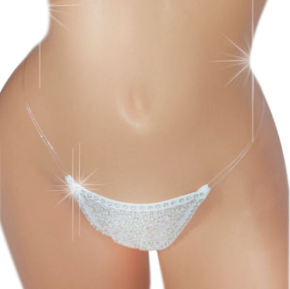 White mesh sparkle diamonte rhinestone thong with clear elastic on a curvy mannequin.