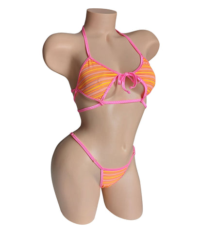 Orange Stripe & Pink strappy semi-sheer adjustable bikini set! Stripper outfits, poledance, exotic dancewear
