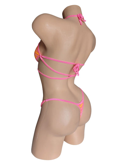 Orange Stripe & Pink strappy semi-sheer adjustable bikini set! Stripper outfits, poledance, exotic dancewear