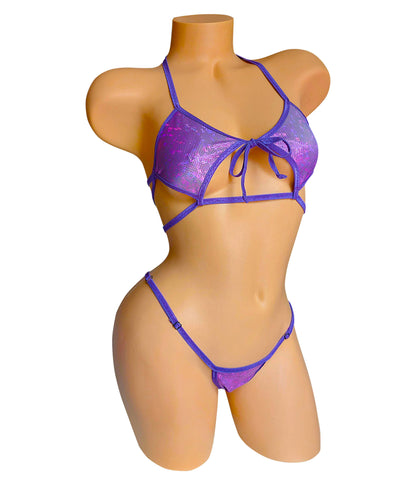 Purple Hologram strappy adjustable bikini set!