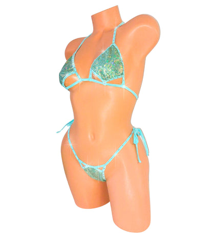 Seafoam hologram cutout bikini on curvy mannequin.