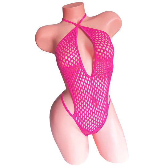 The HAYLEE - GLOW IN BLACK LIGHT colors -  adjustable fishnet thong one piece bodysuit