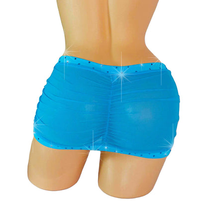 Ocean Blue mesh micro mini skirt with gathered slit in front and rhinestone accents on waistband and hem, on a sexy mannequin torso, back side.