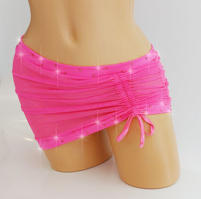 Glow Pink Hike It Up micro mini -12 COLORS! Mesh Rhinestone mini skirt - sexy stripper outfits, exotic dancer, pole dance thongs