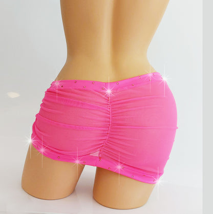 Glow Pink Hike It Up micro mini -12 COLORS! Mesh Rhinestone mini skirt - sexy stripper outfits, exotic dancer, pole dance thongs