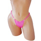 Diamond accented rave style pink hologram g-string thong outlined with small rhinestones, displayed on a curvy mannequin on a white background.