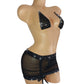 Black mesh halter top with rhinestones and matching micro mini skirt on a mannequin.