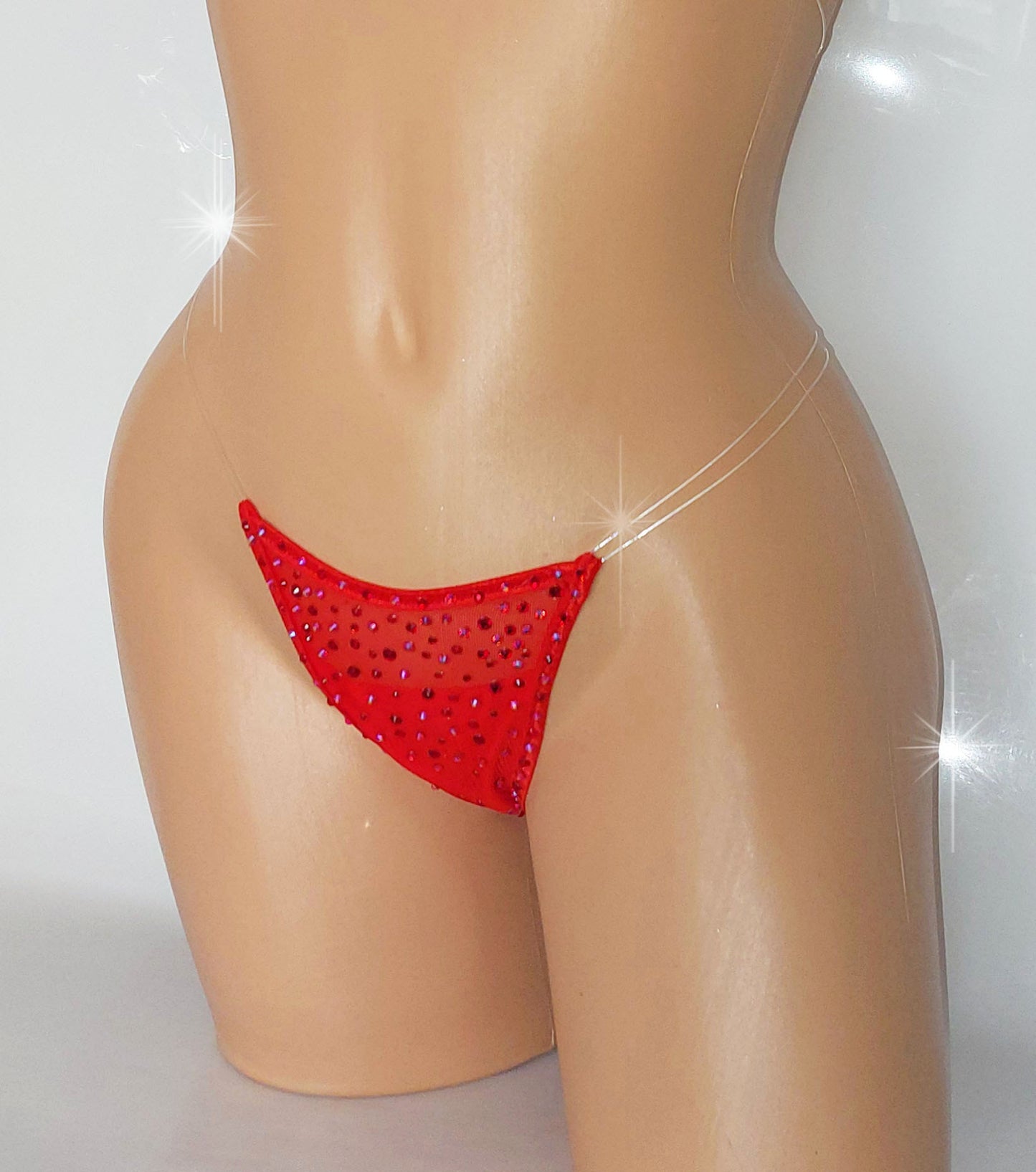 Extra Bedazzled Rhinestone Illusion Thong bottoms: Adjustable Clear Elastic