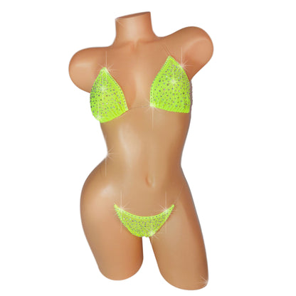 Neon Yellow mesh illusion clear strap bikini encrusted with rhinestones.