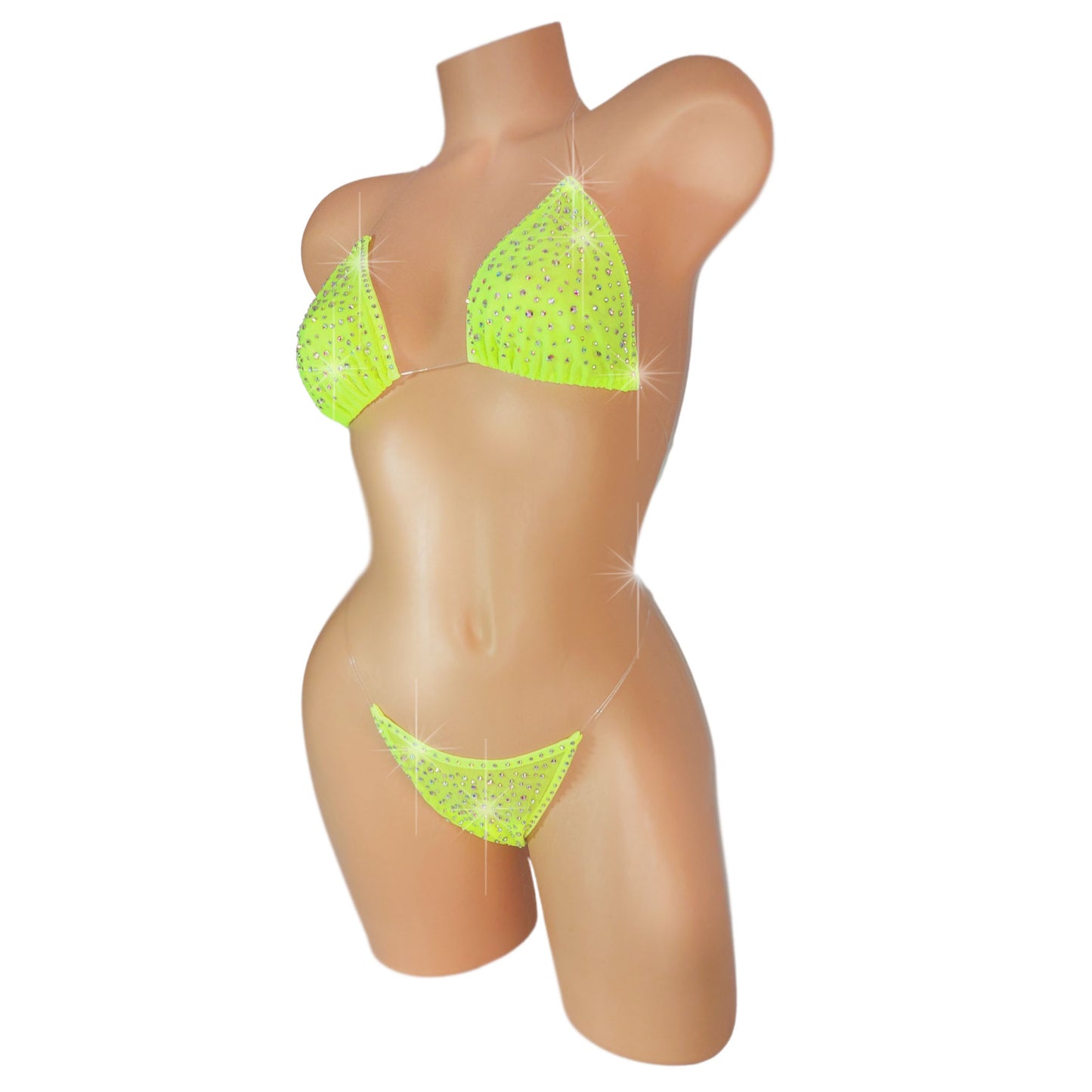 Neon Yellow mesh illusion clear strap bikini encrusted with rhinestones.