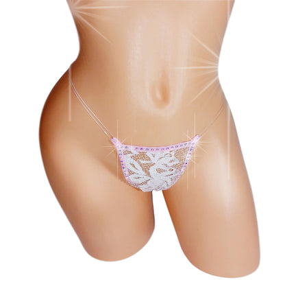 Demure Baby Pink Lace clear elastic ILLUSION Rhinestone G-string thong