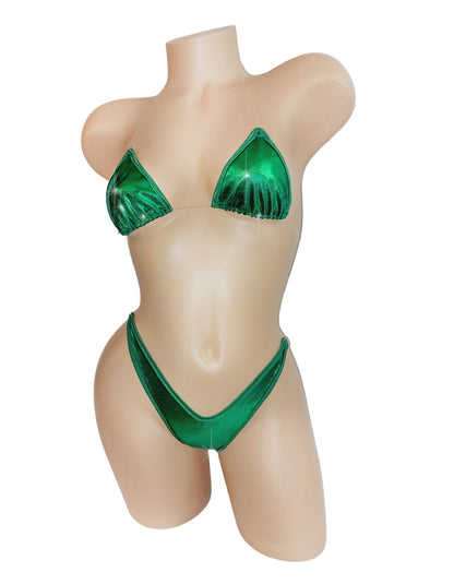 Emerald green hologram bikini on a curvy mannequin on white background.