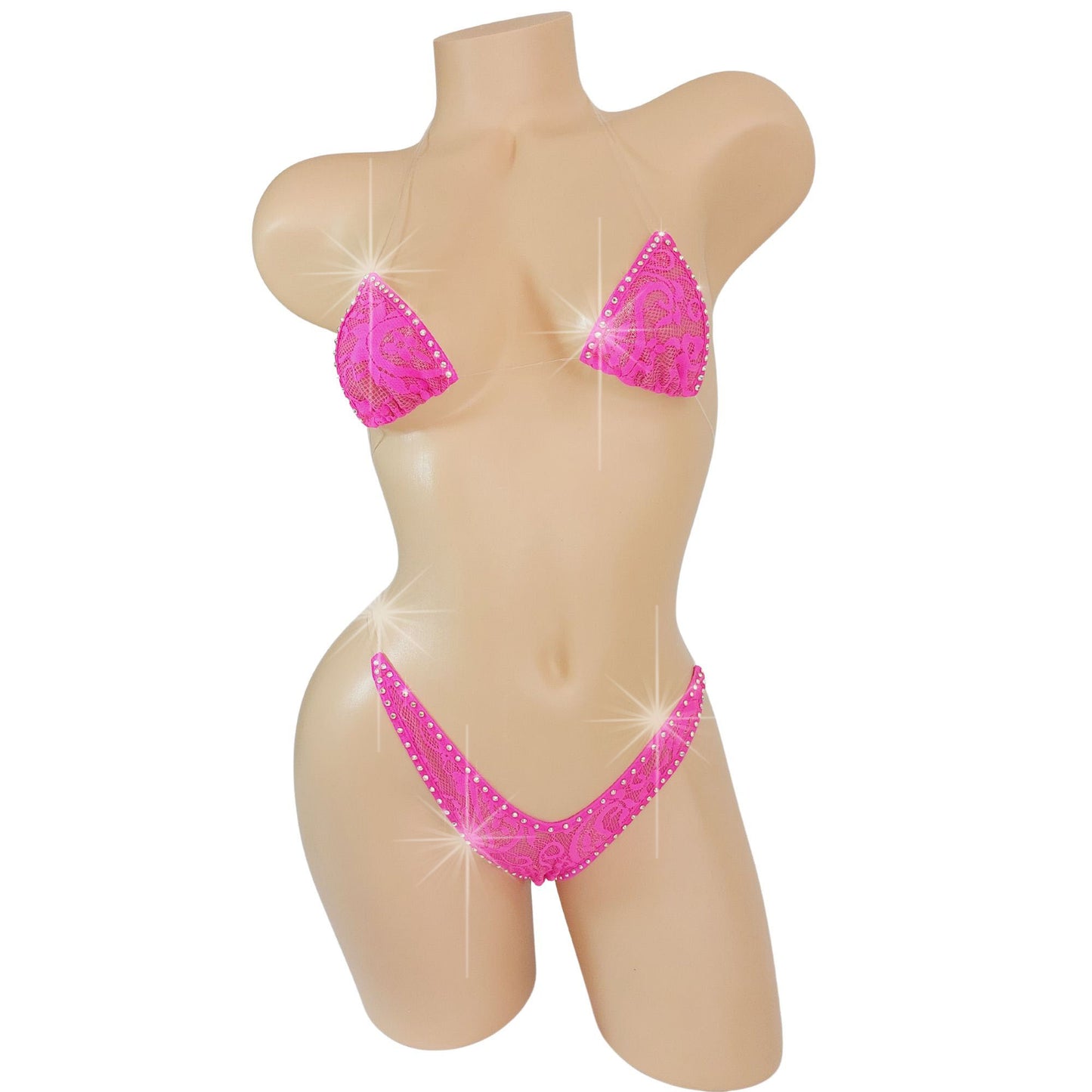 Sexy Hot Pink lace clear string bikini with rhinestone outline.