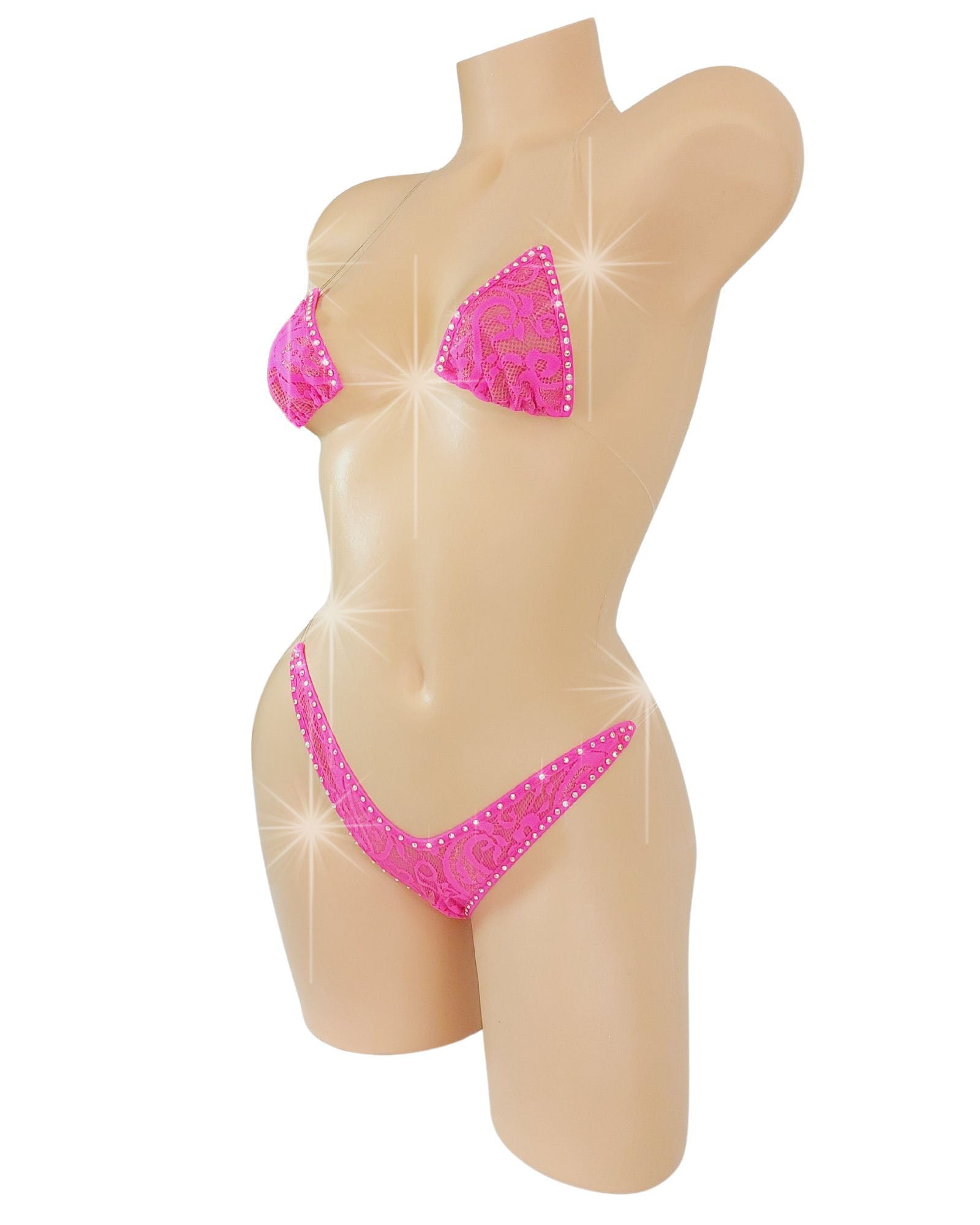 Sexy Hot Pink lace clear string bikini with rhinestone outline.