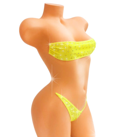 Glow Yellow bandeau clear strap Micro bikini - Lights up in BLACK LIGHT - stripper outfits, exotic dancewear, SW and pole