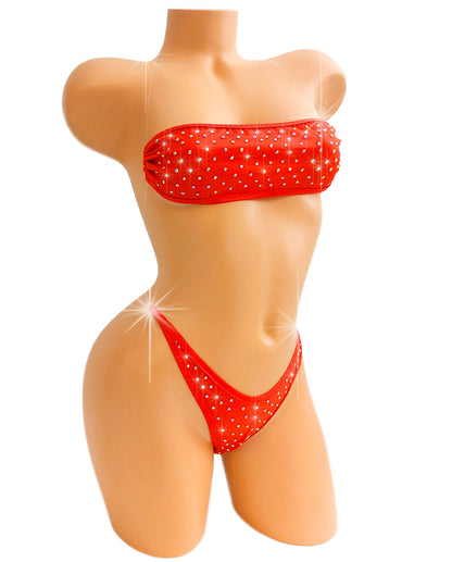 Rhinestone covered Red Bandeau clear elastic micro bikini set - stripper outfits, exotic dancewear, SW lingerie and Pole