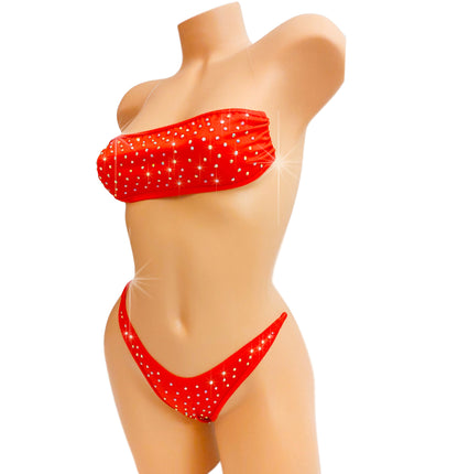 Rhinestone covered Red Bandeau clear elastic micro bikini set - stripper outfits, exotic dancewear, SW lingerie and Pole