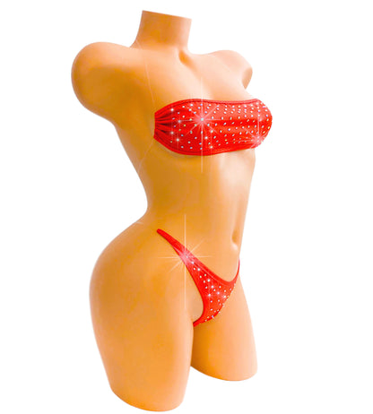 Rhinestone covered Red Bandeau clear elastic micro bikini set - stripper outfits, exotic dancewear, SW lingerie and Pole
