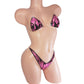 Hot Pink flames bikini with rose rhinestone outline all around, with clear illusion clear elastic tie straps.