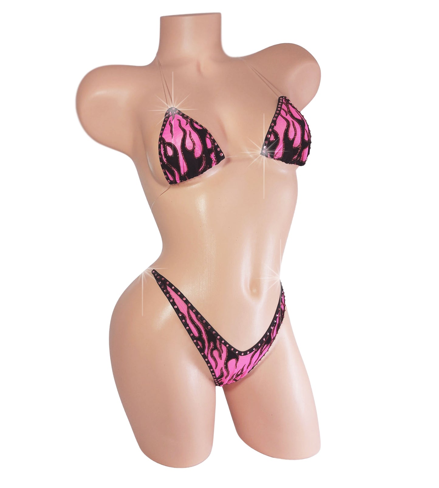 Hot Pink flames bikini with rose rhinestone outline all around, with clear illusion clear elastic tie straps.