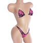 Hot Pink flames bikini with rose rhinestone outline all around, with clear illusion clear elastic tie straps.