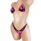 Hot Pink flames bikini with rose rhinestone outline all around, with clear illusion clear elastic tie straps.