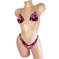 Hot Pink flames bikini with rose rhinestone outline all around, with clear illusion clear elastic tie straps.