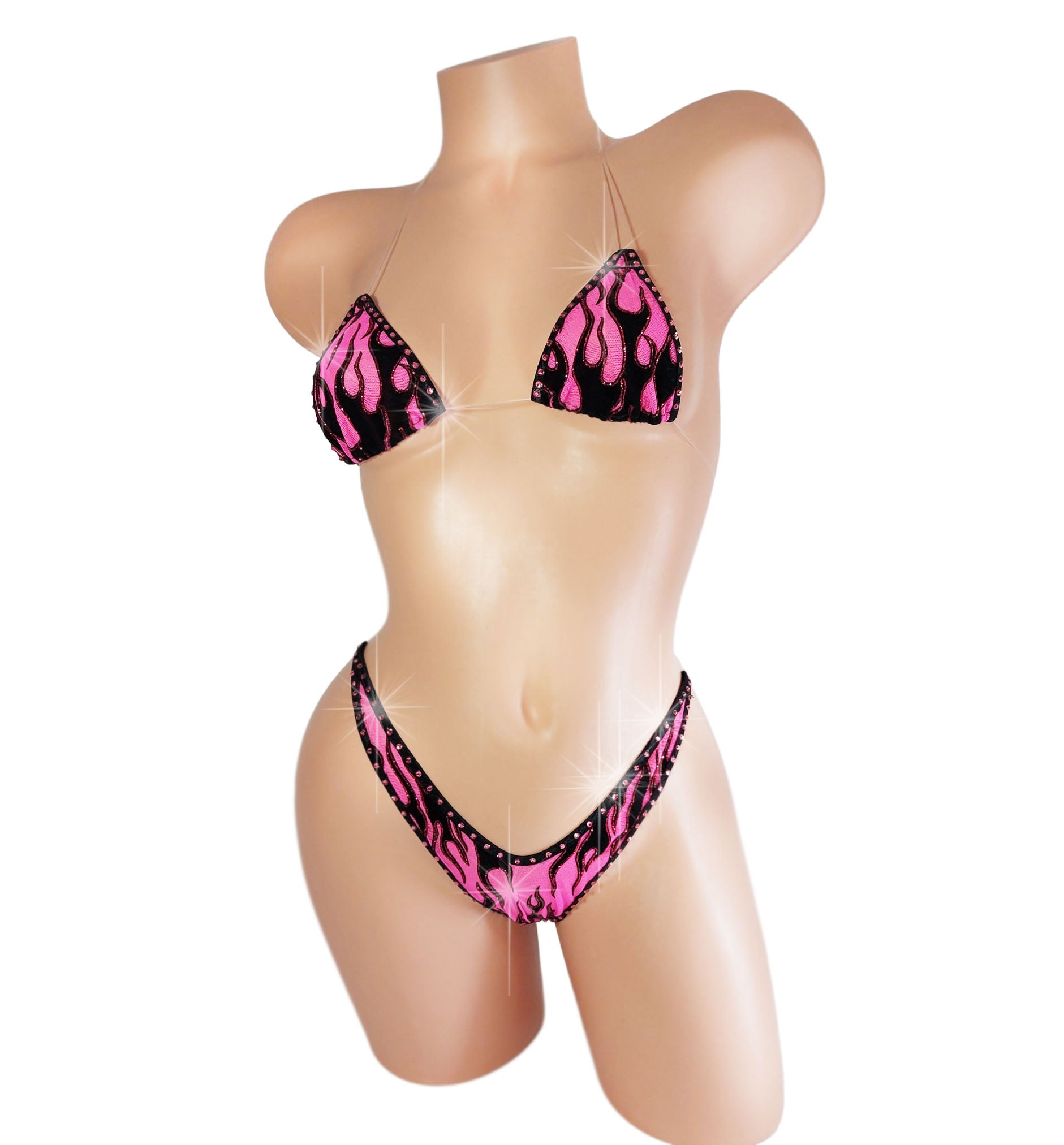 Hot Pink flames bikini with rose rhinestone outline all around, with clear illusion clear elastic tie straps.