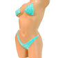 Rhinestone covered Mint colored bikini with clear string ties on a mannequin.