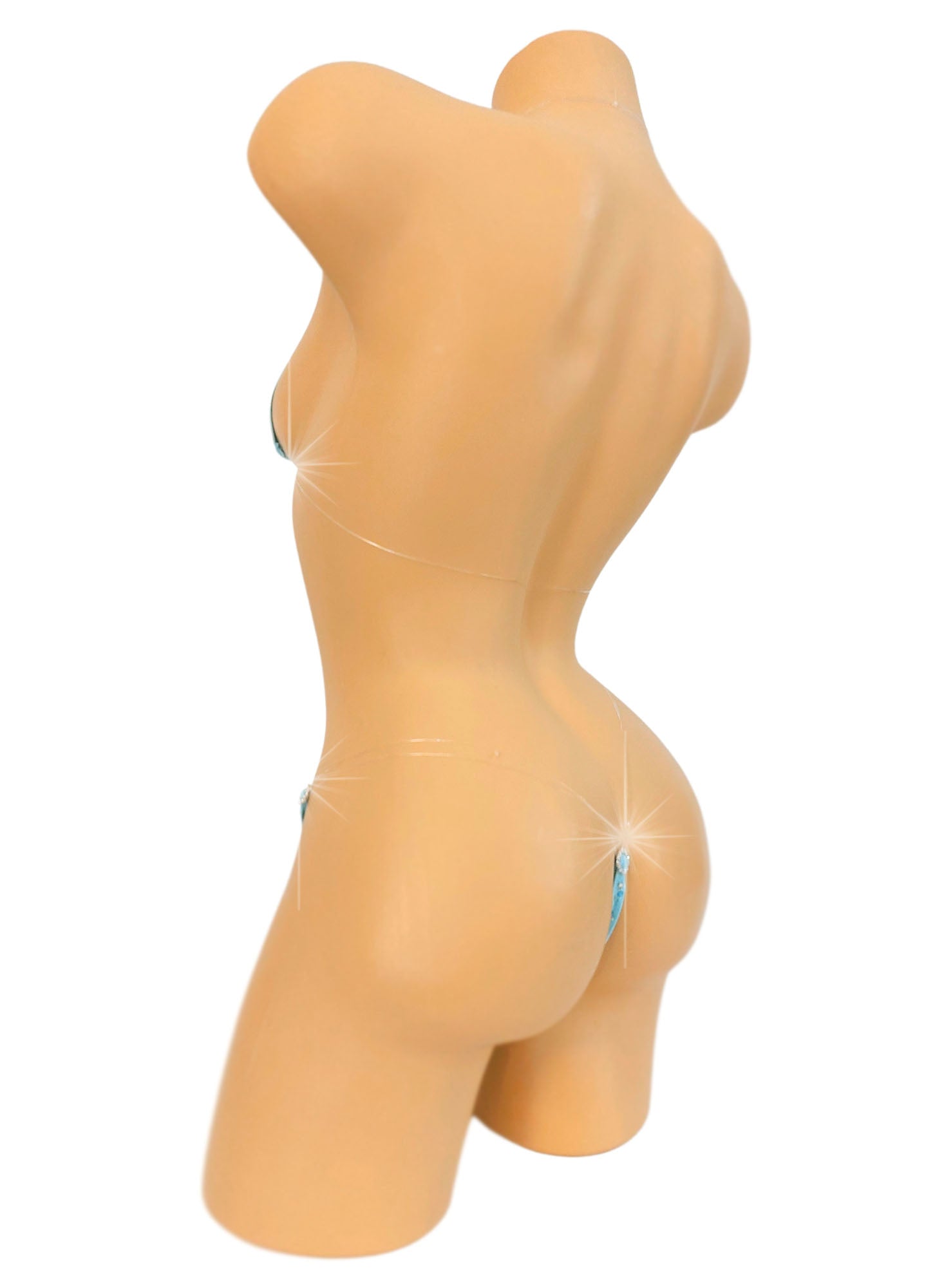 Rhinestone covered Mint colored bikini with clear string ties on a mannequin. rear view.