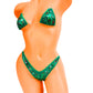 Metallic green holiday bikini with holiday colored rhinestones.