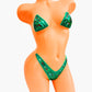 Metallic green holiday bikini with holiday colored rhinestones.