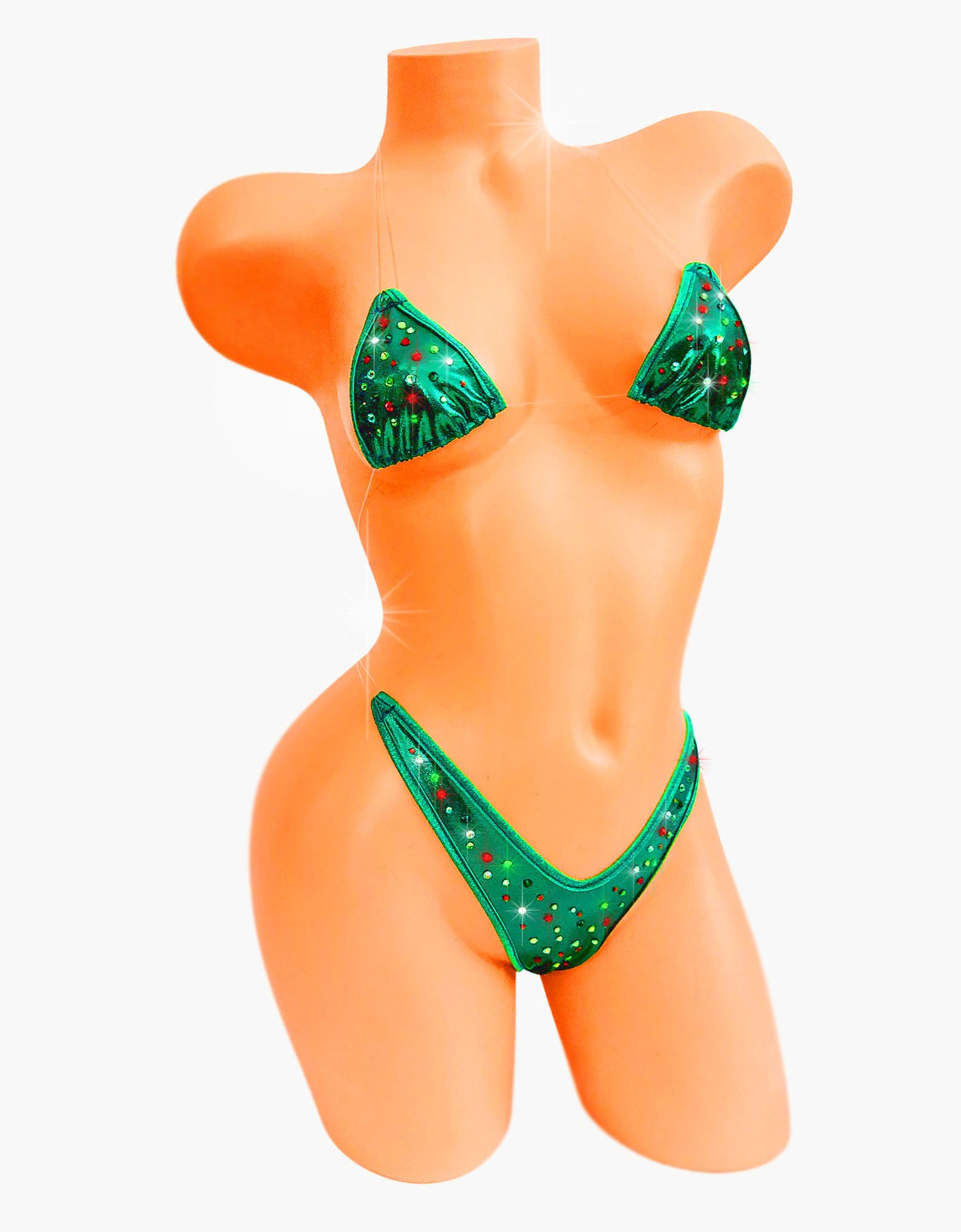 Metallic green holiday bikini with holiday colored rhinestones.