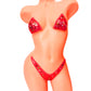 Metallic red holiday bikini with holiday colored rhinestones.