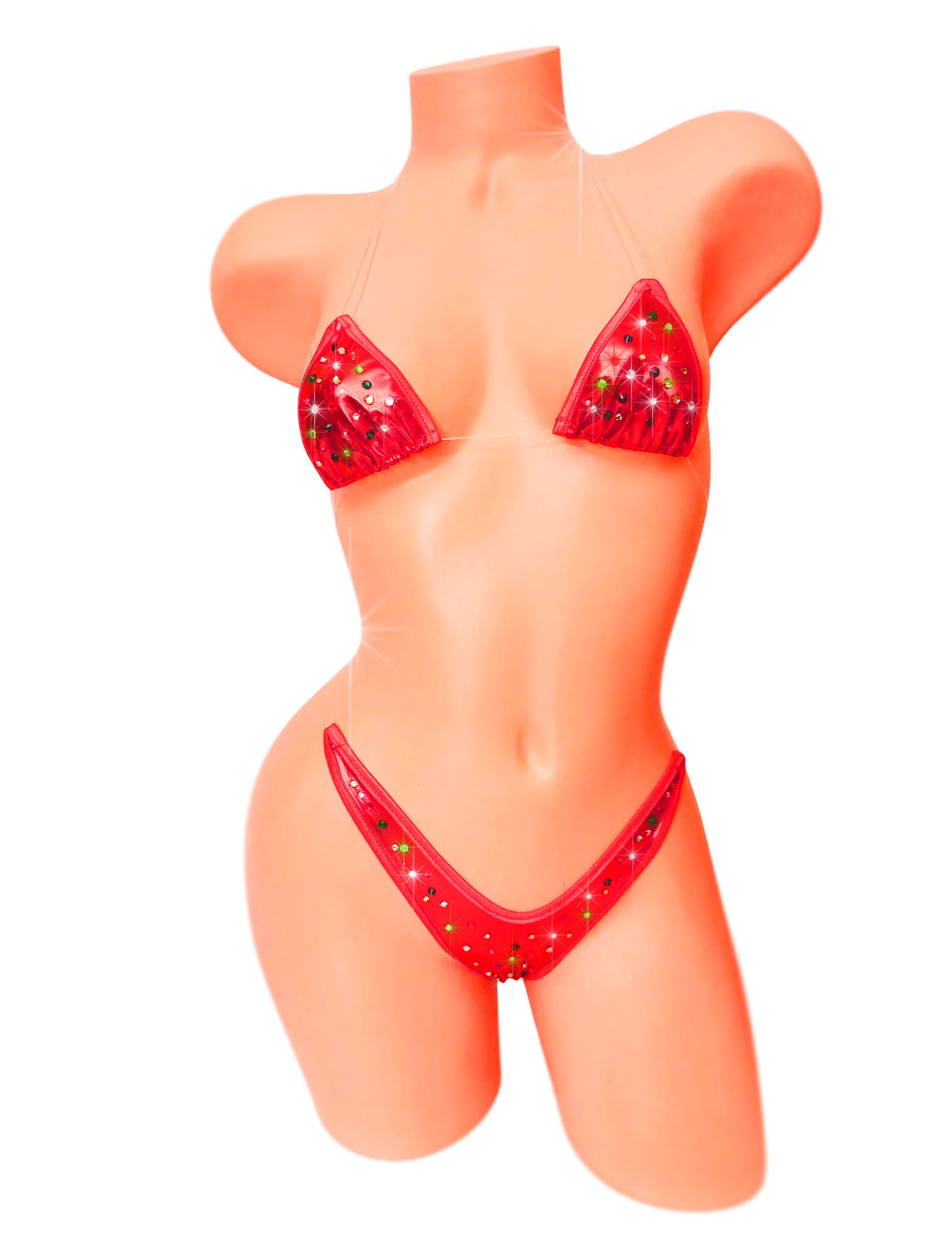 Metallic red holiday bikini with holiday colored rhinestones.