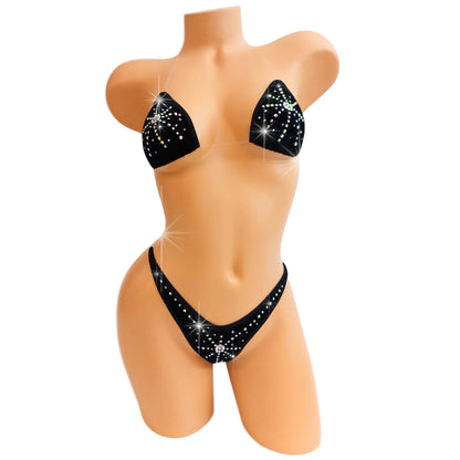 Sexy black clear elastic bikini on a curvy mannequin.