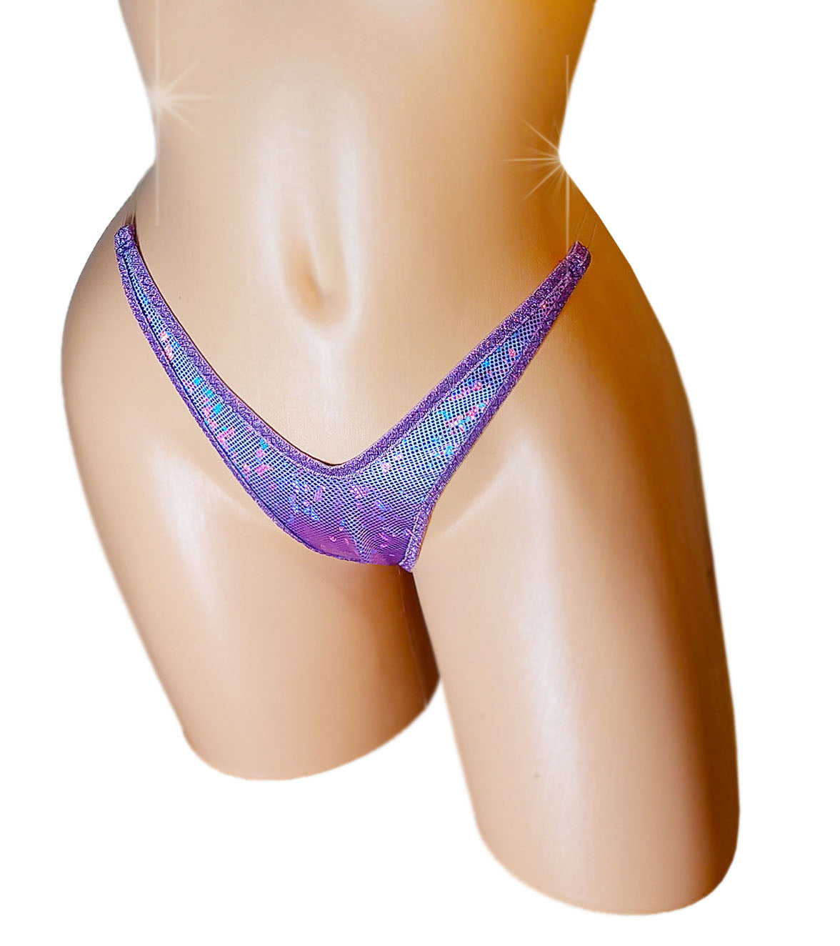 Purple hologram thong on a sexy mannequin with invisible elastic.