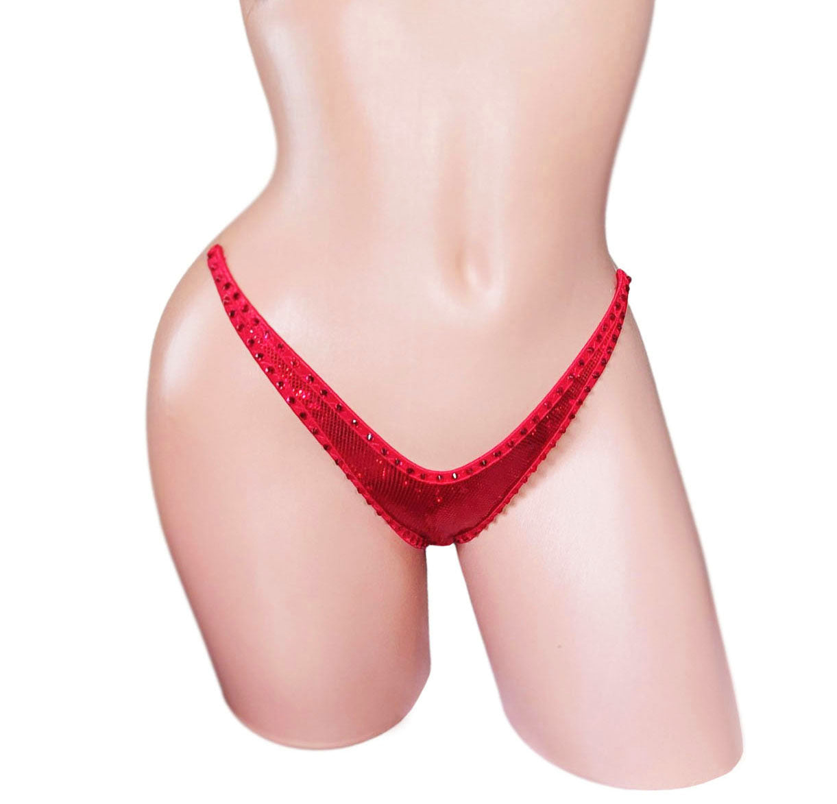 Sexy red hologram thong with rhinestones on a curvy mannequin.