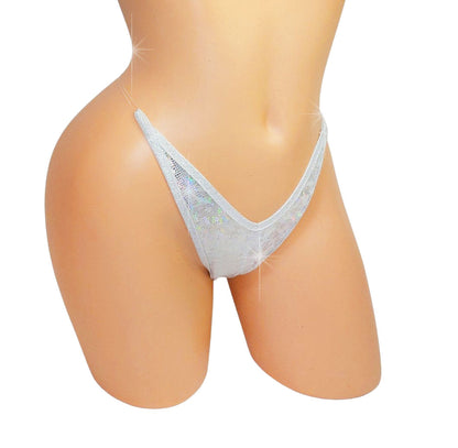 White hologram thong on a sexy mannequin with invisible elastic.
