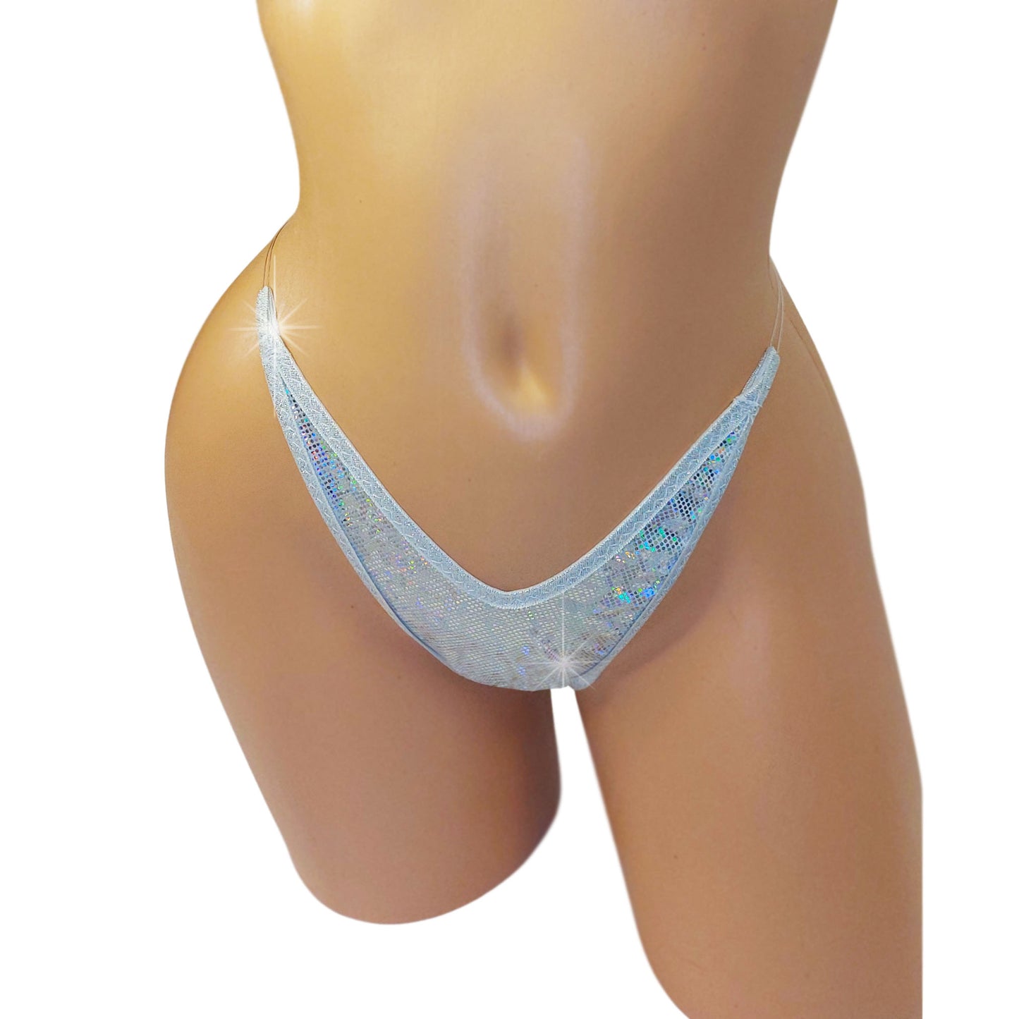 White hologram thong on a sexy mannequin with invisible elastic.