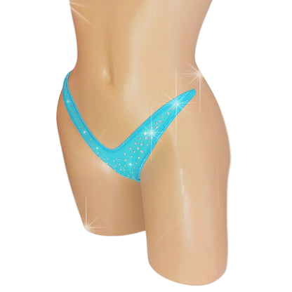 Sky blue sparkly rhinestone thong on a sexy mannequin torso.