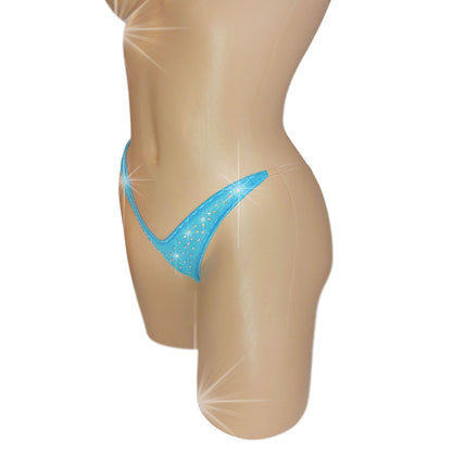 Sky blue sparkly rhinestone thong on a sexy mannequin torso.