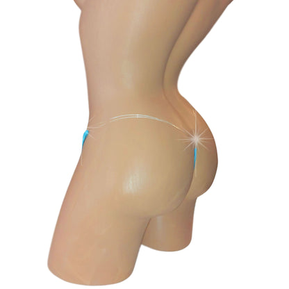 Sky blue sparkly rhinestone thong on a sexy mannequin torso, rear view.