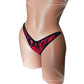 Red mesh lingerie thong with black and red glitter accents and red rhinestones on a sexy mannequin.