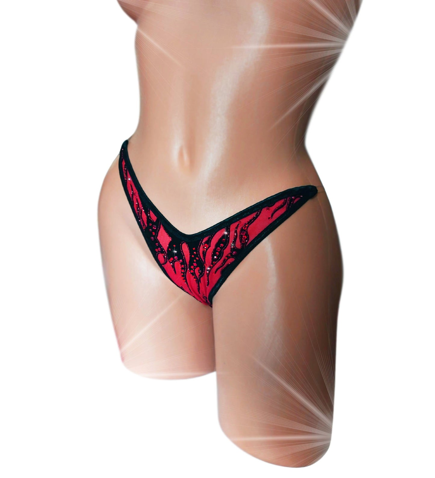 Red mesh lingerie thong with black and red glitter accents and red rhinestones on a sexy mannequin.