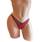 Red mesh lingerie thong with black and red glitter accents and red rhinestones on a sexy mannequin.