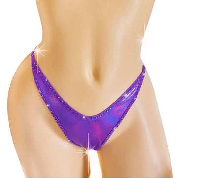 Irridescent purple thong with color changing rhinestones.