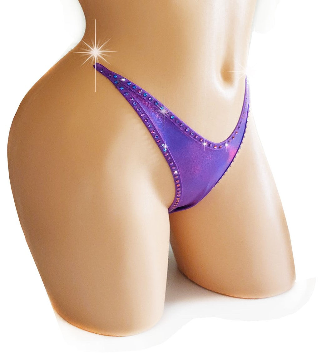 Irridescent purple thong with color changing rhinestones.