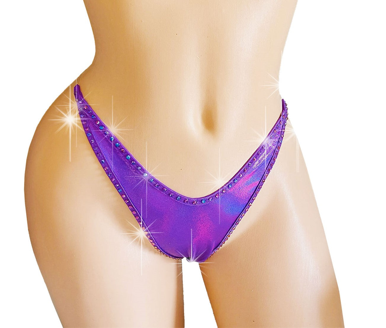 Irridescent purple thong with color changing rhinestones.